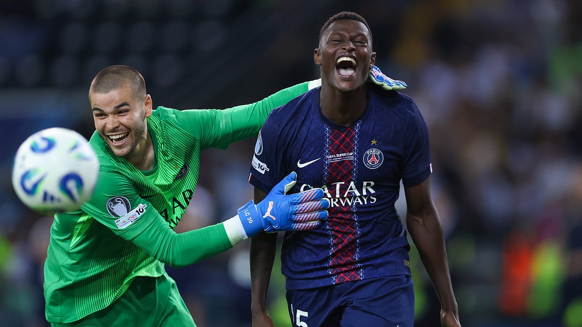 PSG vs Tottenham, UEFA Super Cup 2025: Paris Saint-Germain's match-winner Nuno Mendes celebrates after scoring the winning penalty.