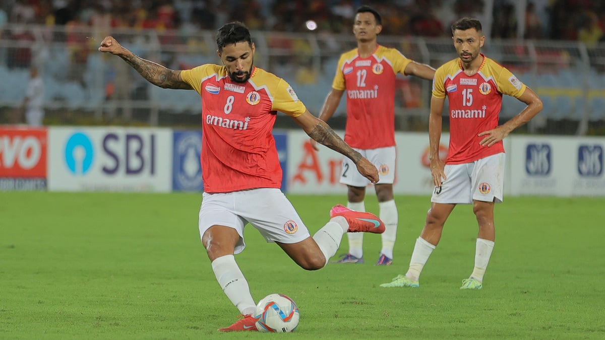 | Photo: Durand Cup/Tuhin Dhali : Diamond Harbour vs East Bengal, Durand Cup 2025: East Bengal's Miguel Ferreira takes a shot during the quarter-final match against Mohun Bagan.