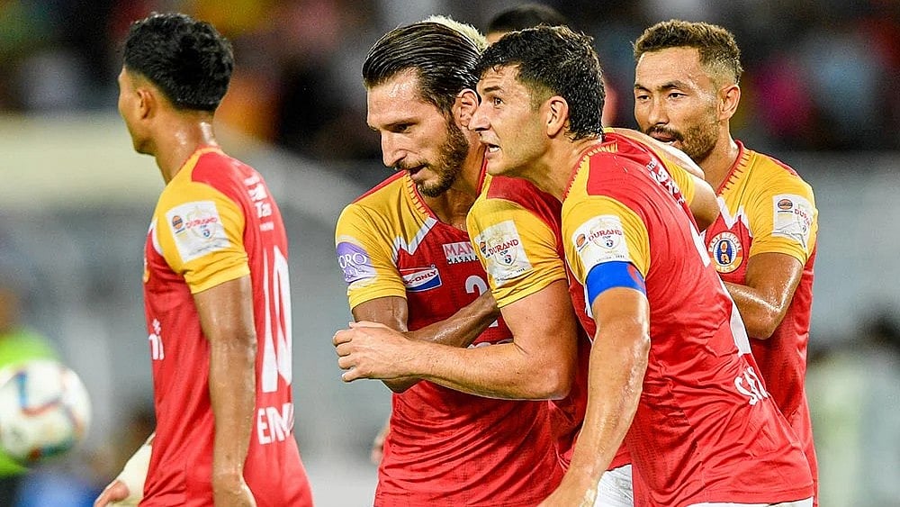 | Photo Credit: Durand Cup : Diamond Harbour vs East Bengal, Durand Cup 2025: Dimitrios Diamantakos celebrates after scoring against Mohun Bagan.