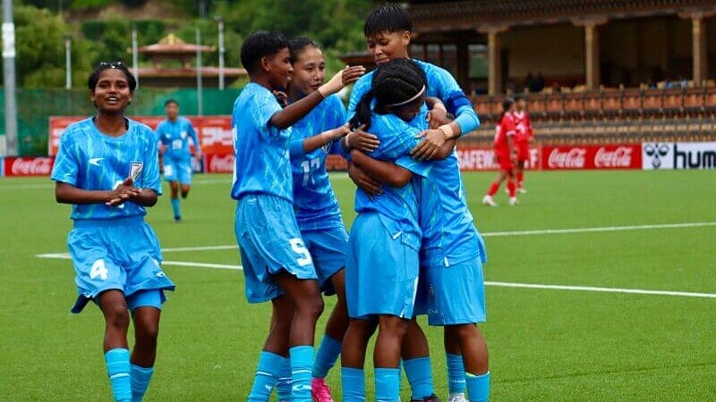 AIFF Media : India celebrate a goal against Nepal in their SAFF U17 Women’s Championship encounter.