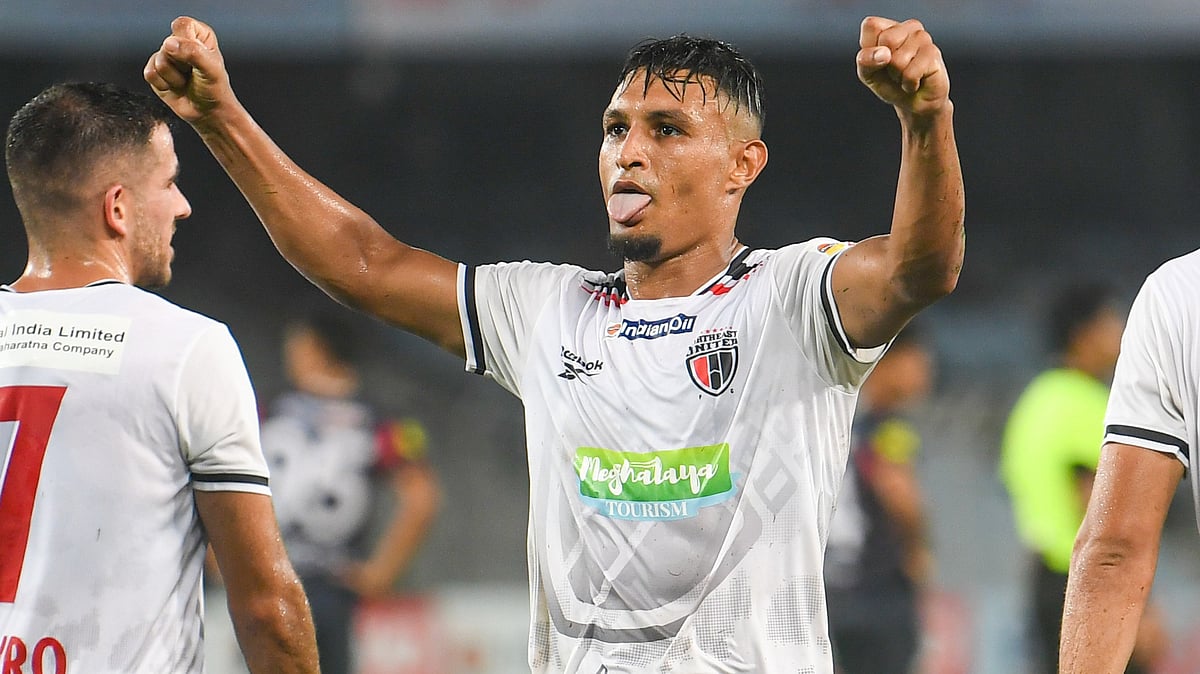 | Photo: Durand Cup : NorthEast United vs Diamond Harbour, Durand Cup 2025: Alaeddine Ajaraie celebrates after scoring the third goal for NEUFC against DHFC.