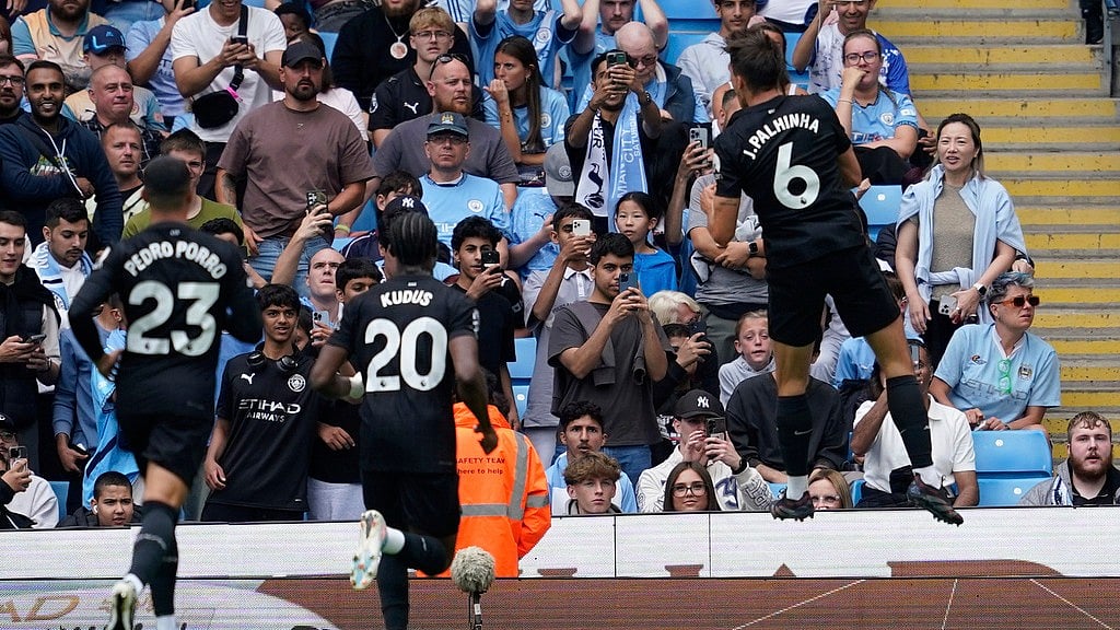 Photo: AP : Manchester City Vs Tottenham Hotspur Live Score, Premier League: Joao Palhinha celebrates after netting Spurs' second goal at the Etihad Stadium.