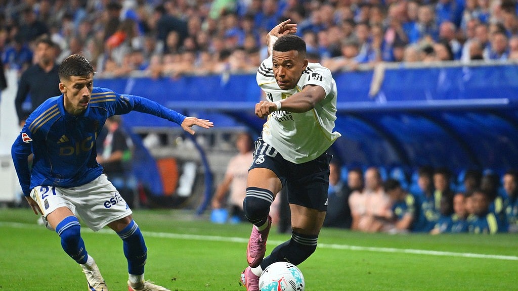 AP : Real Madrid's Kylian Mbappe, right, dribbles the ball past Oviedo's Luka Ilic during a Spanish La Liga soccer match between Real Oviedo and Real Madrid at Carlos Tartiere stadium in Oviedo, Spain, Sunday, Aug. 24, 2025.