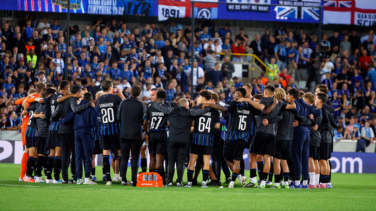 | Photo: AP/Omar Havana : Club Brugge vs Rangers, UEFA Champions League Playoff: Club Brugge celebrate their win during the Champions League play-off second leg soccer match between Rangers FC and Club Brugge at the Jan Breydel stadium in Bruges, Belgium, Wednesday, Aug. 27, 2025. 