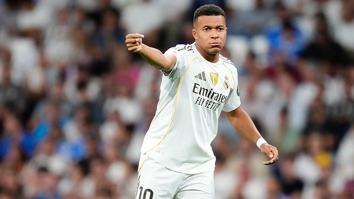 Kylian Mbappe celebrates for Real Madrid