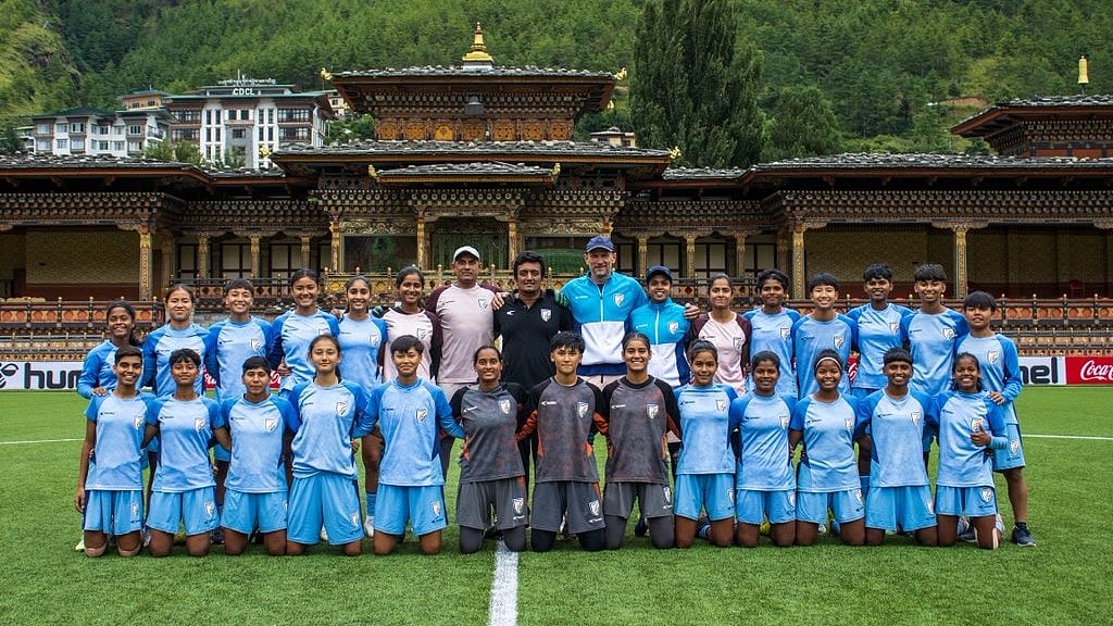 | Photo: X/IndianFootball : The India U17 women's national football team poses ahead of the SAFF U17 Women's Championship 2025 match against Bangladesh.