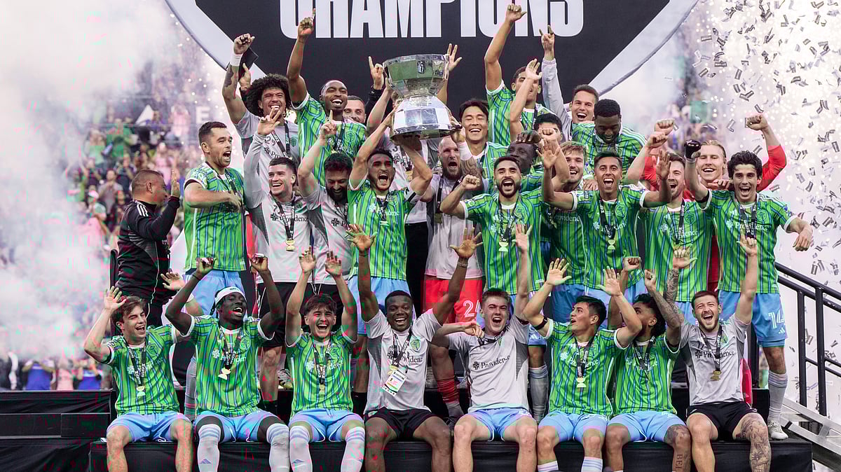 | Photo: AP/Stephen Brashear : Seattle Sounders players celebrate after the Leagues Cup final soccer match against Inter Miami, Sunday, Aug. 31, 2025, in Seattle.