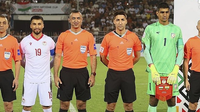 | Photo: Instagram/cafassociation : Tajikistan captain Parvizdzhon Umarbayev with India captain Gurpreet Singh Sandhu in the CAFA Nations Cup 2025.