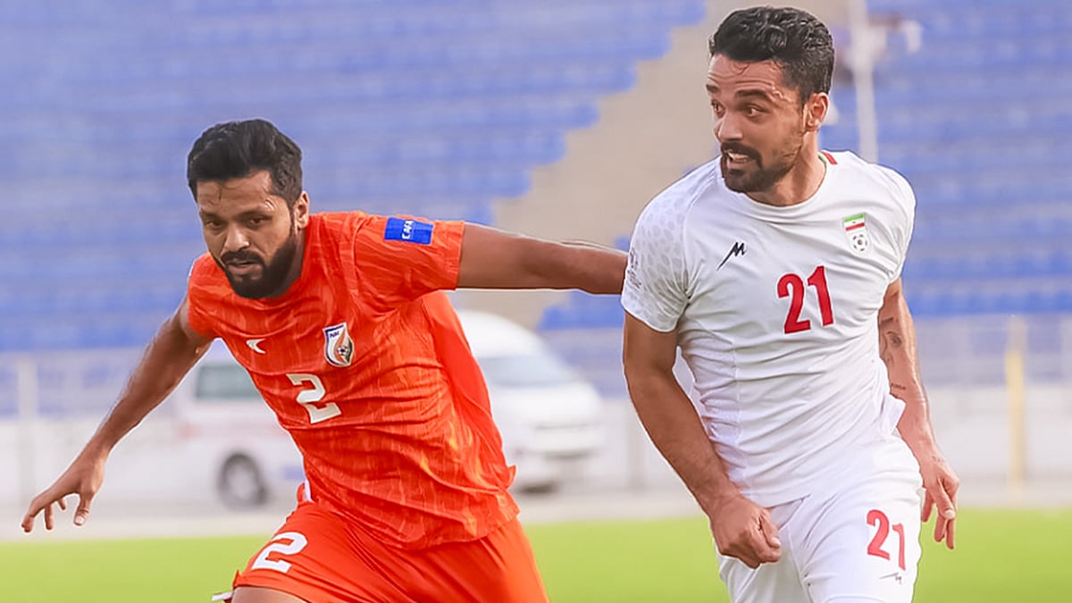 | Photo: AIFF : India's Rahul Bheke in action against Iran's Omid Noorafkan during the CAFA Nations Cup 2025.