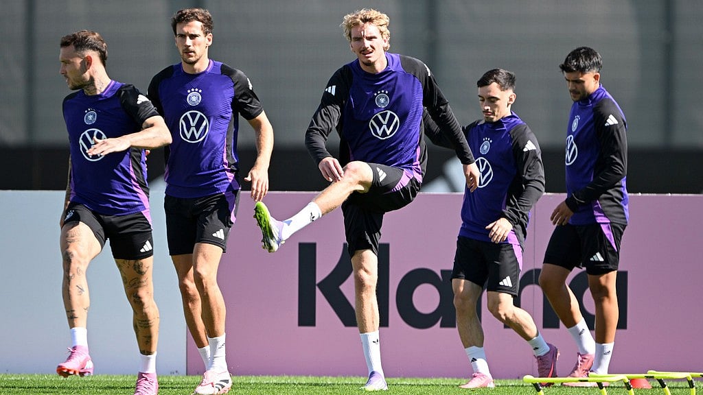 AP : Slovakia Vs Germany Live Streaming, FIFA World Cup 2026 European Qualifiers: David Raum, Leon Goretzka, Nick Woltemade Paul Nebel and Nadiem Amiri warm up during a training session.