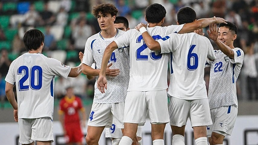 | Photo: Instagram/uzbekistanfa : Uzbekistan players celebrate after scoring against Kyrgyzstan in the CAFA Nations Cup 2025.
