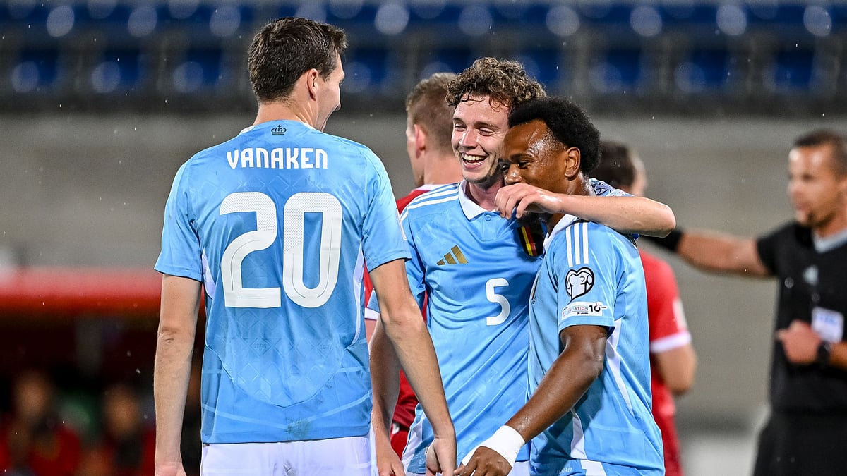 Maxim De Cuyper celebrates after scoring for Belgium against Liechtenstein in the FIFA World Cup 2026 Qualifiers.