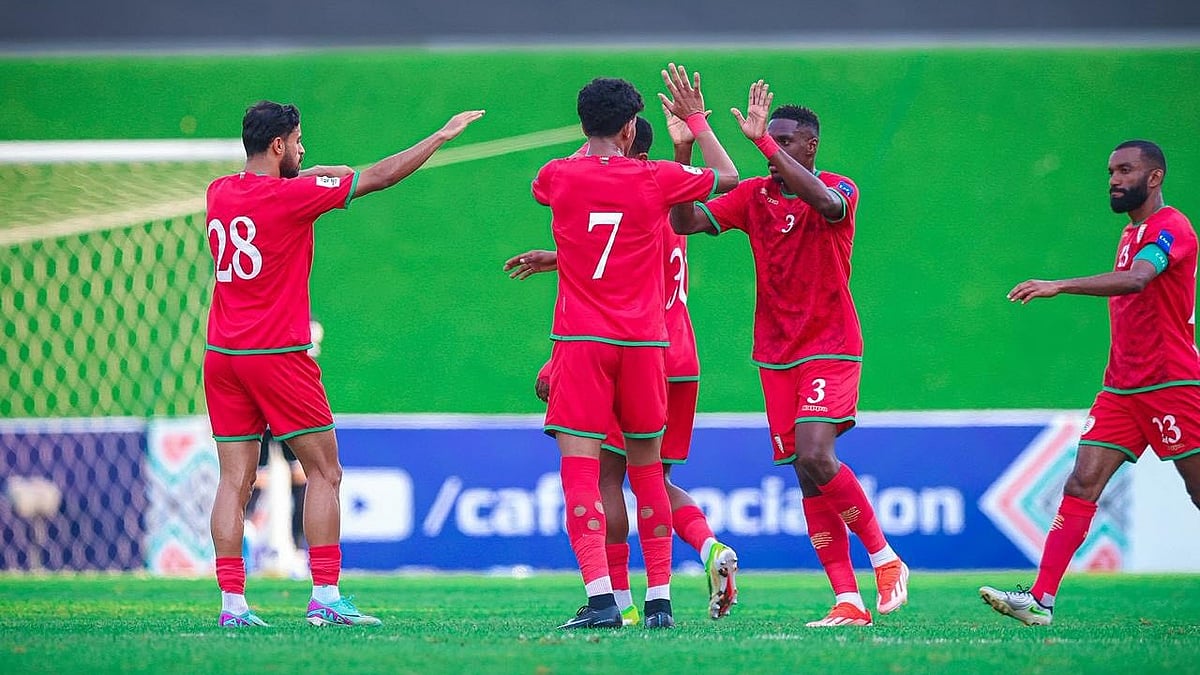 | Photo: Instagram/omanfa : Oman players celebrate after their opening goal against Turkmenistan in the CAFA Nations Cup 2025.