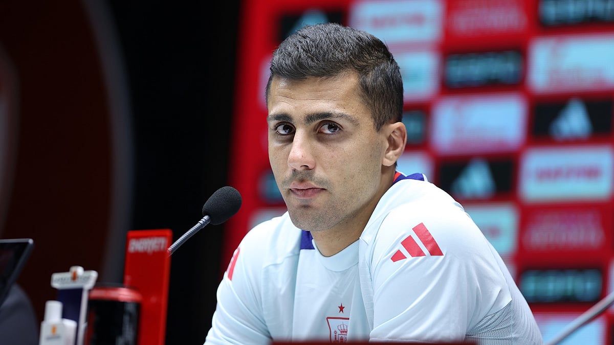Rodri attending a press conference ahead of Spain's match with Turkey.