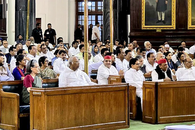 | Photo: @INCIndia/X via PTI; Representative image : Opposition party MPs meeting