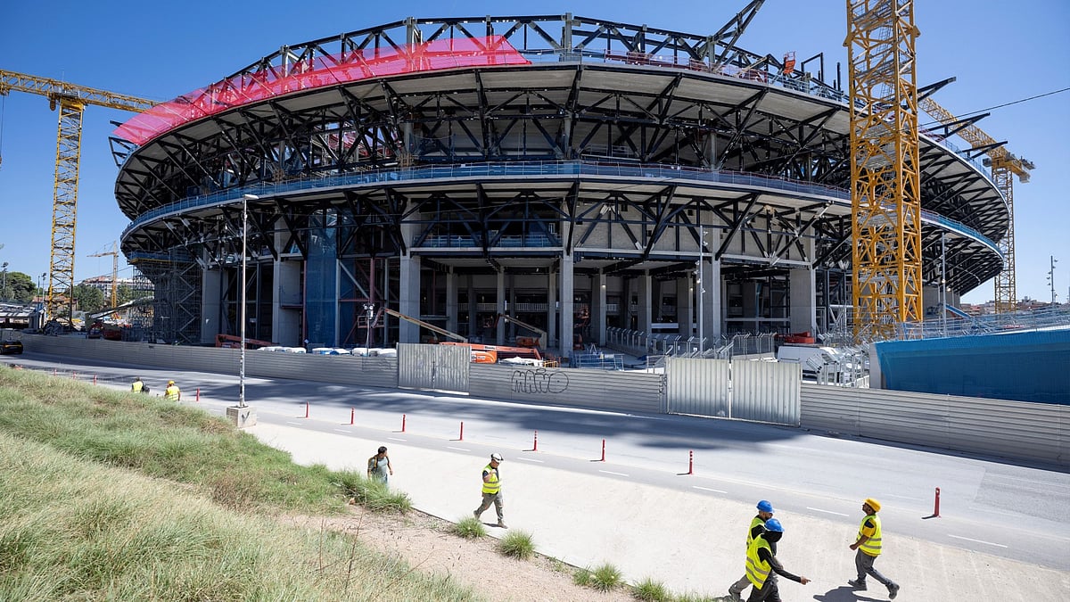 A picture taken on September 3, 2025 shows the ongoing construction of the new FC Barcelona's Camp Nou Stadium in Barcelona.