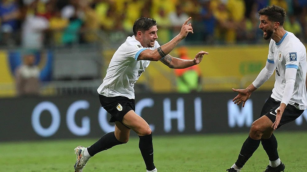 | Photo: AP/Raphael Muller : Chile Vs Uruguay Live Streaming, CONMEBOL FIFA World Cup 2026 Qualifiers Preview: Uruguay's Federico Valverde, left, celebrates scoring his side's opening goal.
