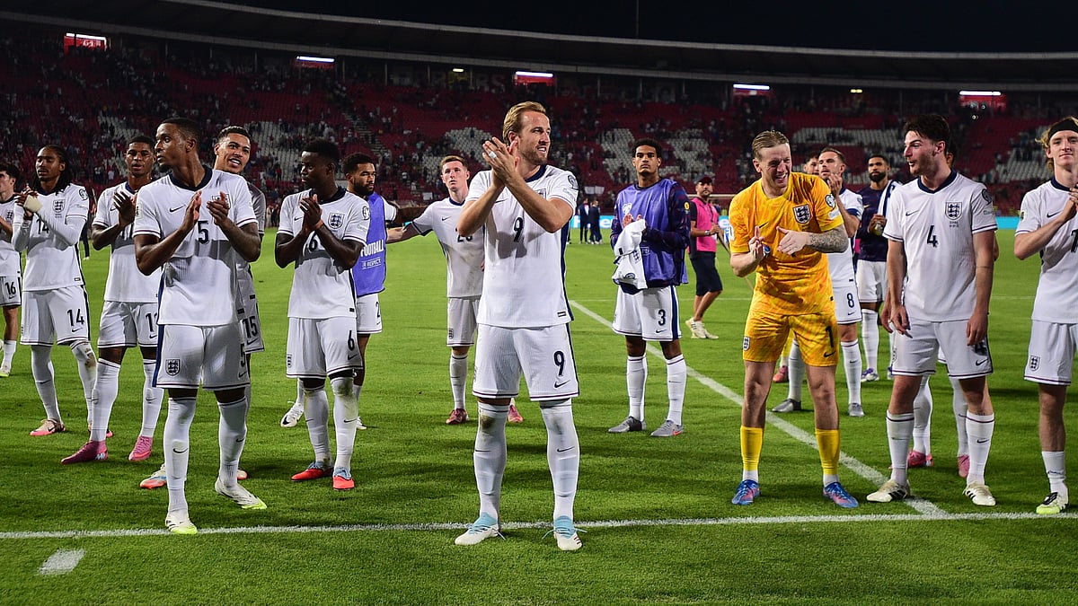 Harry Kane celebrates England's win over Serbia.