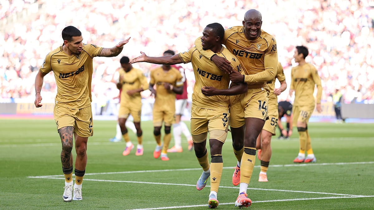 Tyrick Mitchell celebrates his goal for Crystal Palace with Jean-Philippe Mateta as the visitors win 2-1 at West Ham.