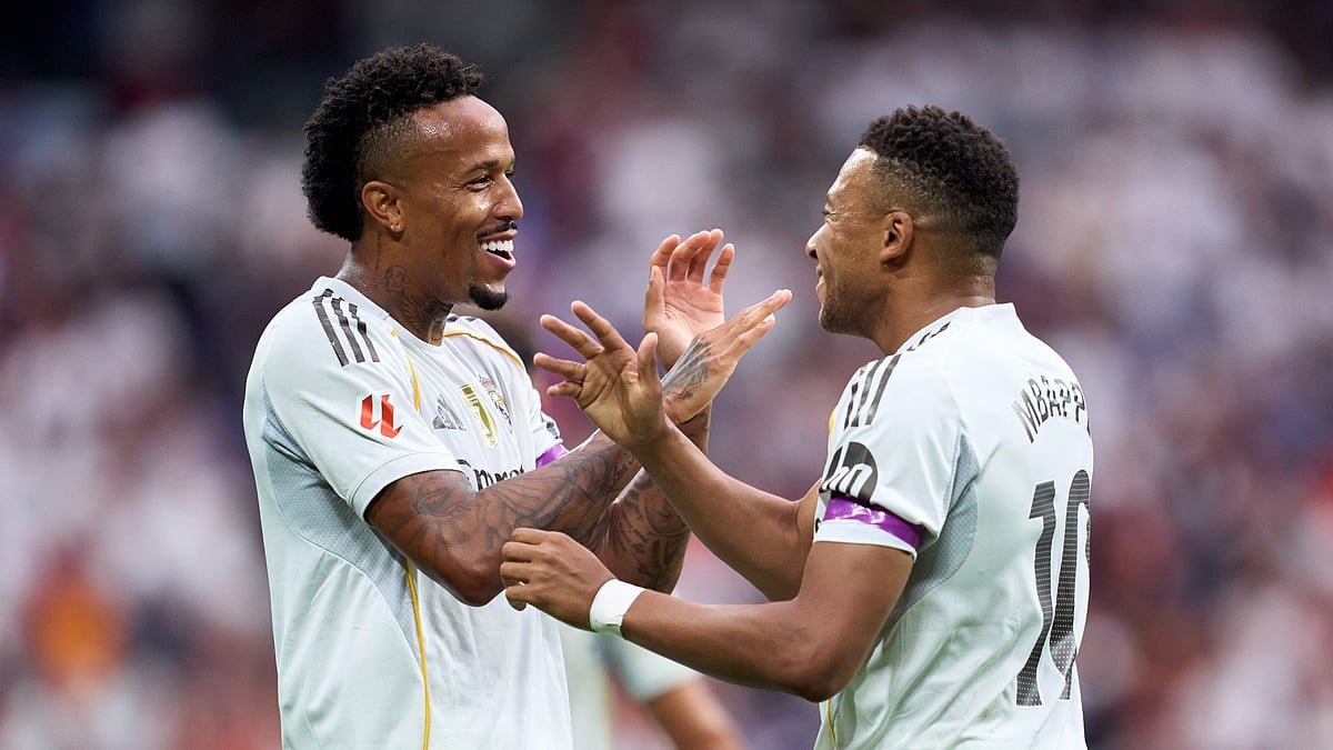 Kylian Mbappe and Eder Militao of Real Madrid.
