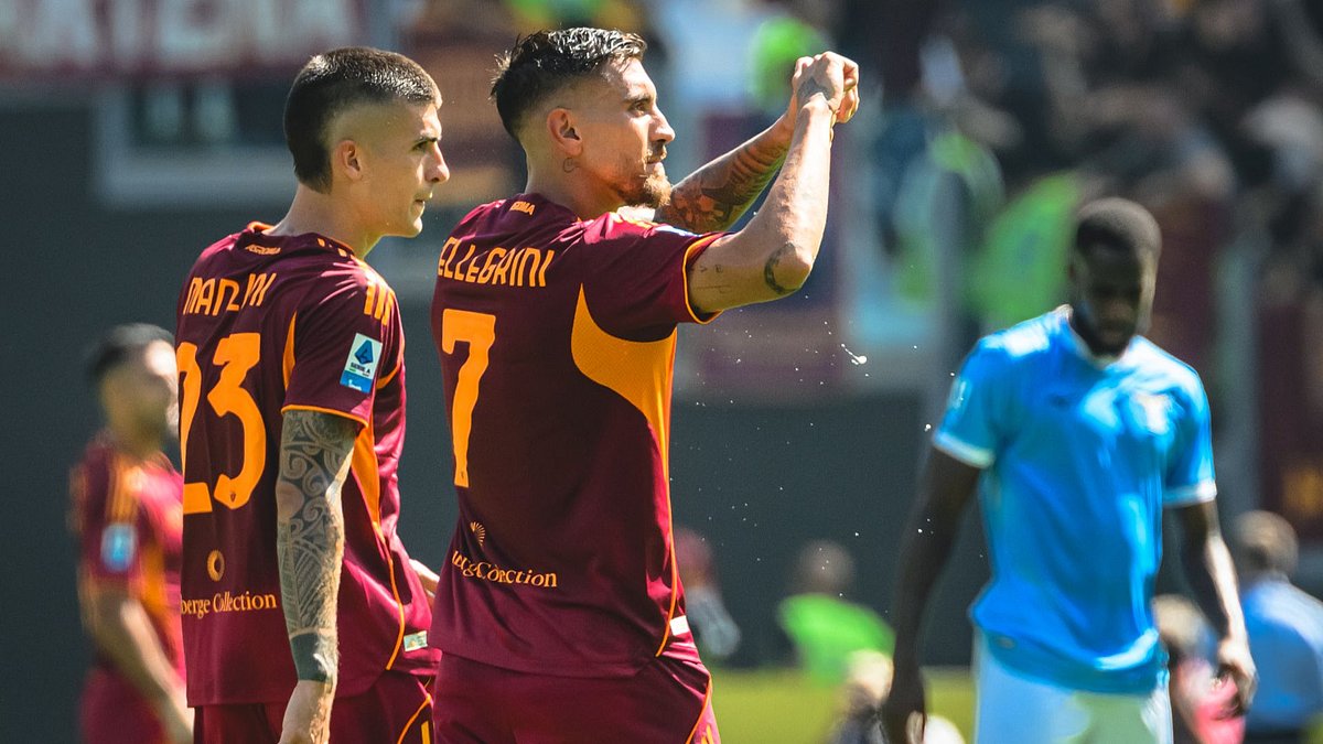 Lorenzo Pellegrini celebrates after scoring against Lazio.