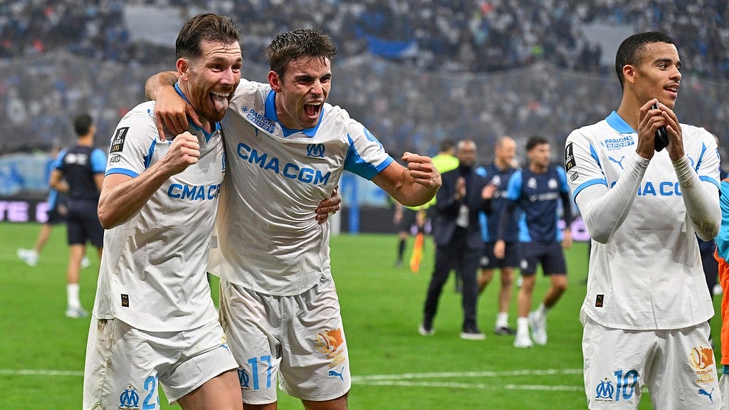 Photo: AP : Marseille Vs PSG Highlights, Ligue 1: Pierre-Emile Hojbjerg, left, Matt O'Riley and Mason Greenwood celebrate their team's victory at Orange Velodrome.