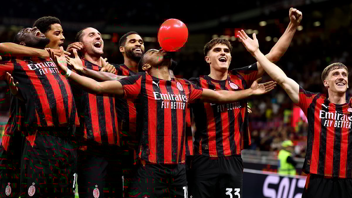 Christopher Nkunku celebrates his first AC Milan goal