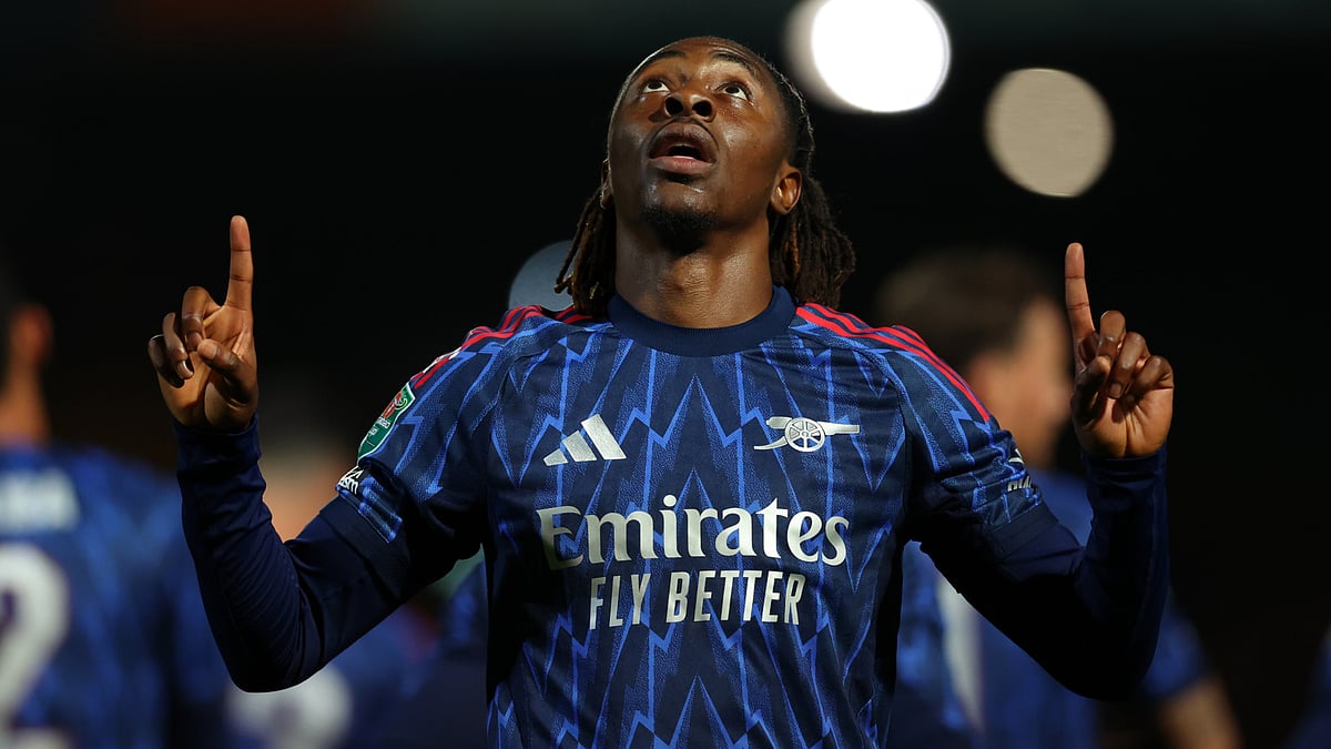 Eberechi Eze celebrates after scoring for Arsenal against Port Vale.