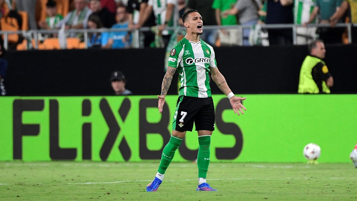 Antony celebrates after scoring for Real Betis against Nottingham Forest.