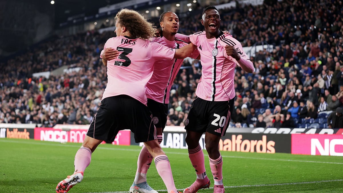 Leicester celebrate their dramatic equaliser at The Hawthorns