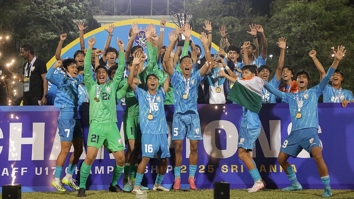 | Photo: AIFF : The India U17 football team players celebrate the SAFF U17 Championship 2025.