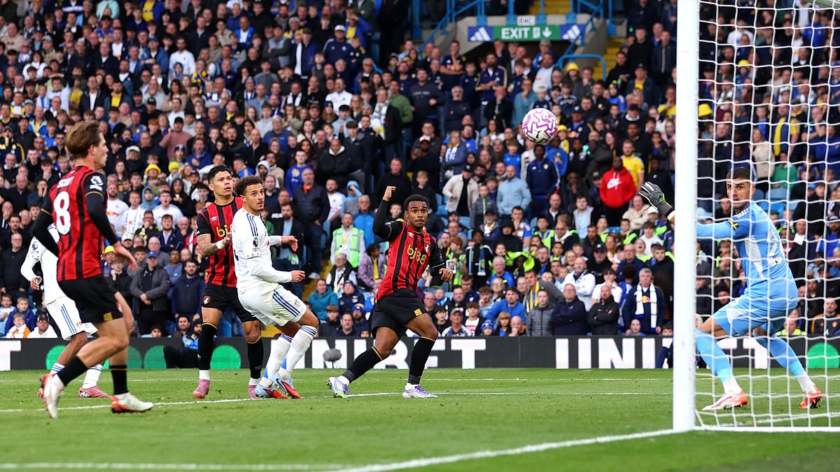 Eli Kroupi scoring the equaliser in the Leeds United vs Bournemouth match in English Premier League 2025-26.