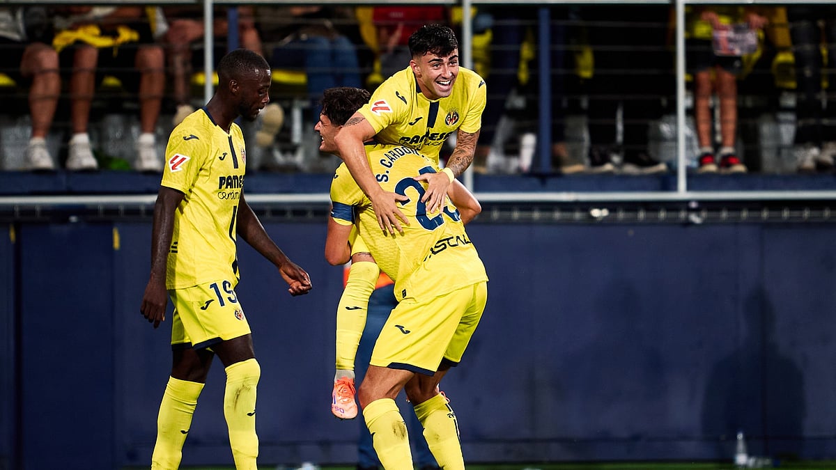 Alberto Moleiro celebrates scoring for Villarreal.
