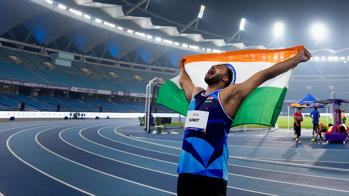 PTI : Indias Sumit Antil celebrates after claiming gold medal at the mens javelin throw F64 final during the World Para Athletics Championships 2025, at Jawaharlal Nehru Stadium in New Delhi.