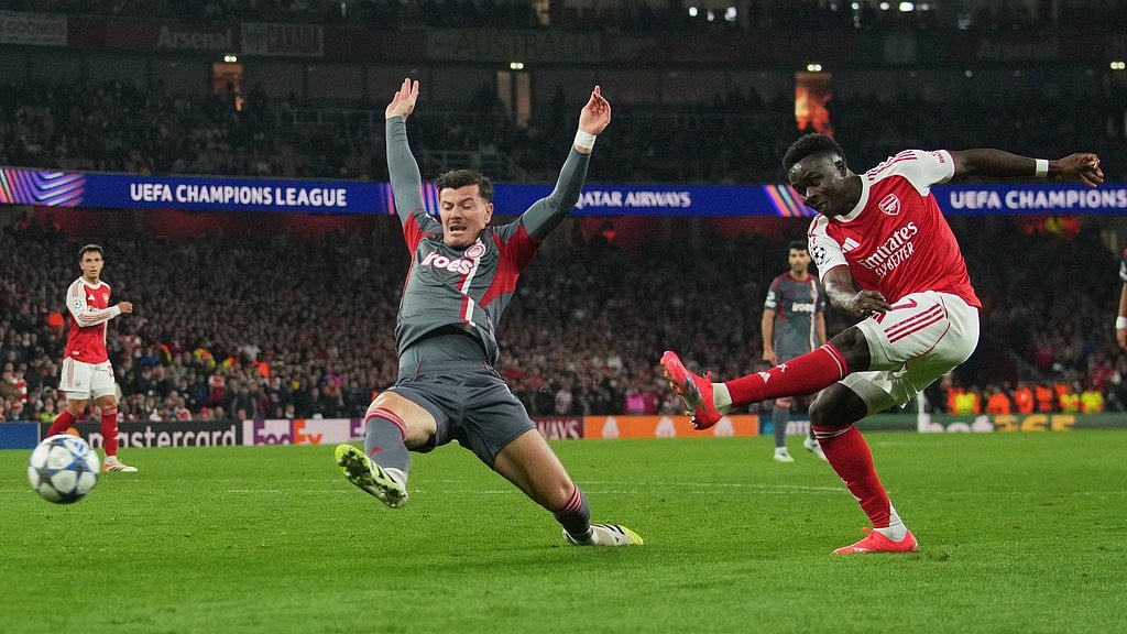 Photo: AP : Arsenal Vs Olympiacos Highlights, UEFA Champions League: Bukayo Saka shoots to score his sides second goal at Emirates Stadium.