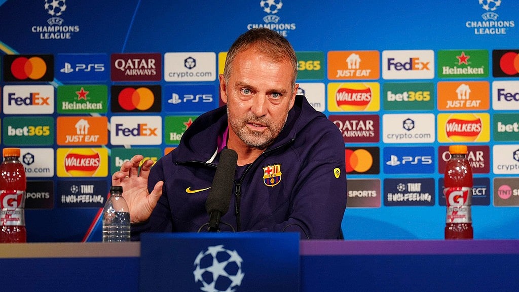 AP : Barcelona's manager Hansi Flick speaks during a press conference at St James' Park, Newcastle upon Tyne, England, Wednesday Sept. 17, 2025