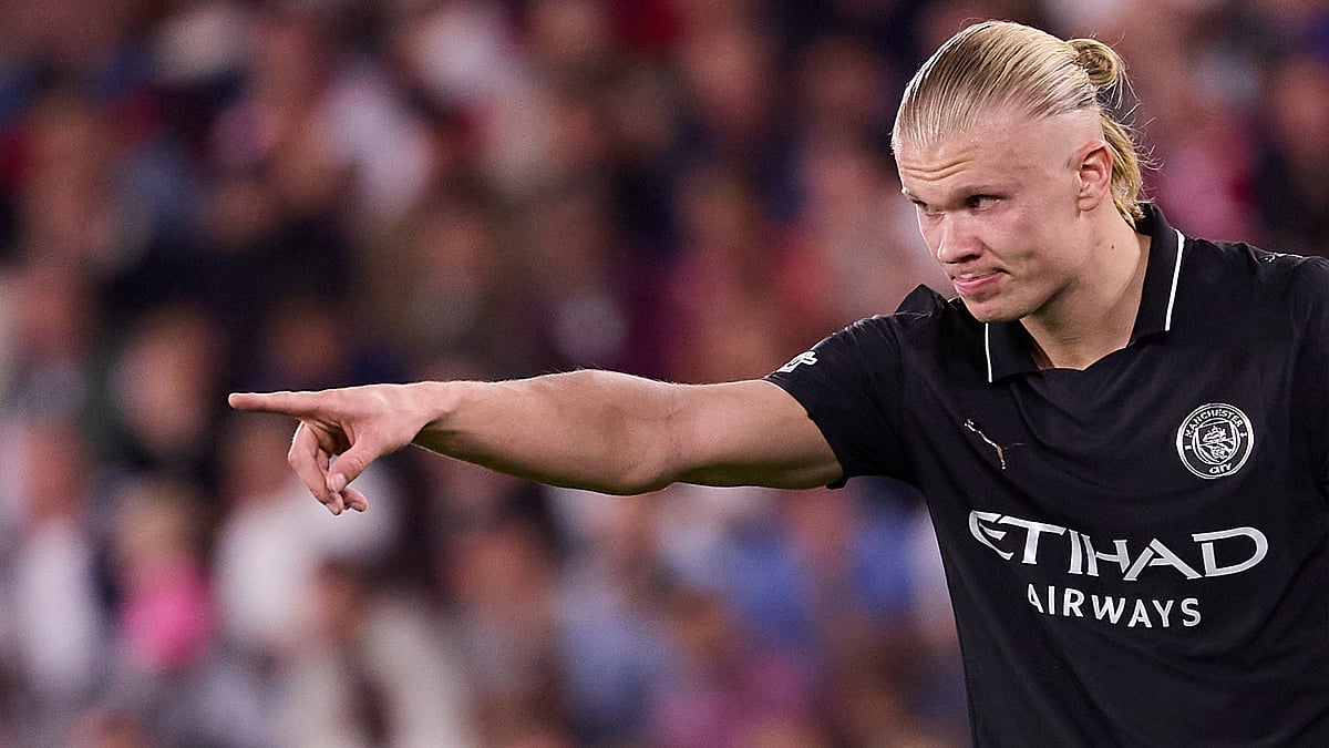 Erling Haaland in action for Manchester City during the match against Monaco.