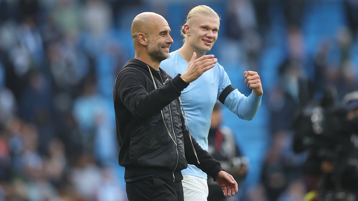 File : File photo of Manchester City's Pep Guardiola and Erling Haaland.