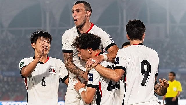 | Photo: Instagram/hkfa_official : Hong Kong players celebrate Rapahel Merkies' goal against Bangladesh in the AFC Asian Cup 2027 Qualifiers at National Stadium in Dhaka on October 9, 2025.