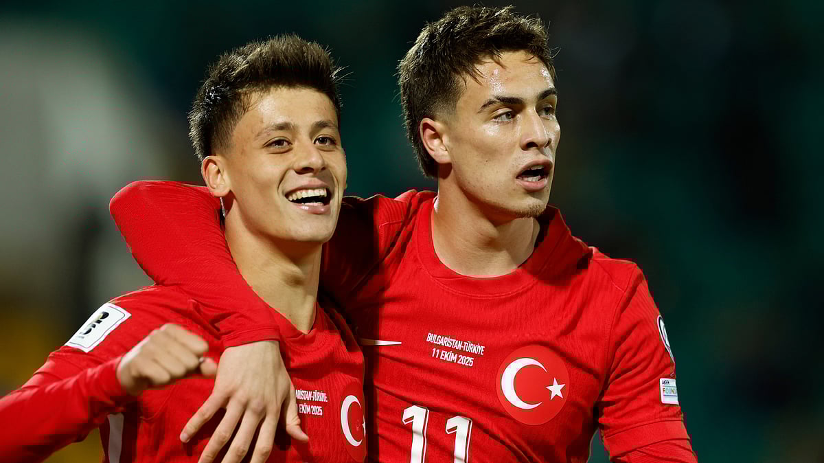 | Photo: AP/Tony Uzunov : Turkey's Arda Güler and Kenan Yıldız celebrate their first goal during the World Cup Group E qualifying soccer match between Bulgaria and Turkey at Vasil Levsky stadium in Sofia, Bulgaria, Saturday, Oct. 11, 2025. 