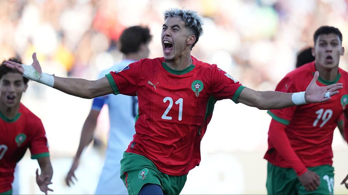 | Photo: AP/Esteban Felix : Morocco's Yassir Zabiri celebrates after United States' Joshua Wynder scored an own goal during a FIFA U-20 World Cup quarter-final soccer match at El Teniente Stadium in Rancagua, Chile, Sunday, Oct. 12, 2025.
