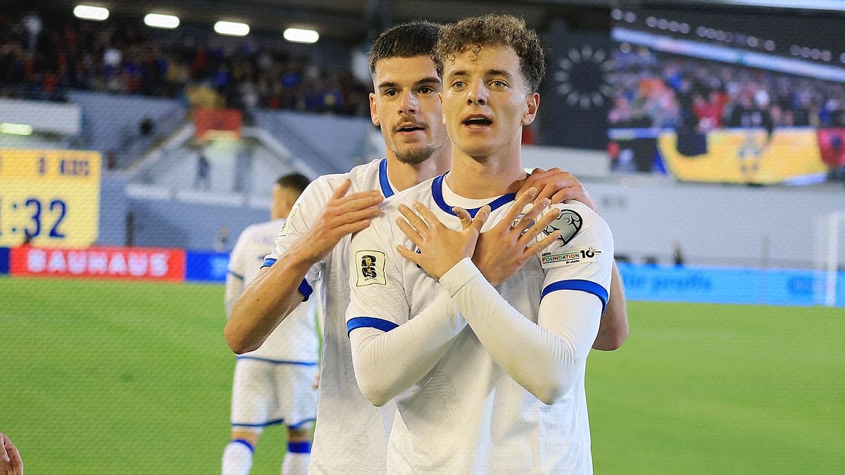 | Photo: Instagram/ffk_kos : Kosovo's Fisnik Asllani celebrates with Albian Hajdari after scoring against Sweden in the FIFA World Cup 2026 European Qualifiers on October 13, 2025.