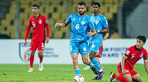 | Photo: AIFF/Baranidharan M : India's Nikhil Prabu in action against Singapore in AFC Asian Cup 2027 Qualifiers at Jawaharlal Nehru Stadium in Margao on October 14, 20025.