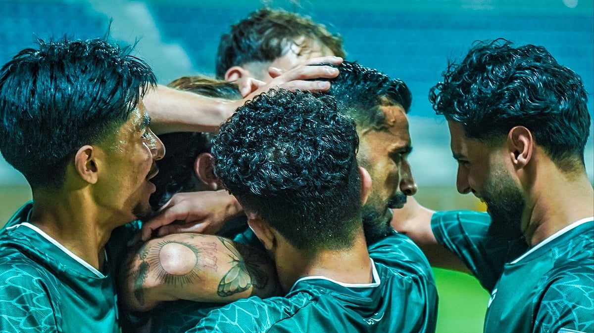 Photo: X/Pakistan Football Federation : Afghanistan Vs Pakistan Highlights, AFC Asian Cup Qualifiers: PAK celebrate Etzaz Hussain's goal in Kuwait.