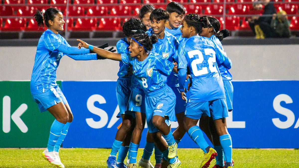 | Photo: AIFF Media : The India U-17 women's football team players celebrate their goal against Uzbekistan in the AFC U17 Women's Asian Cup 2026 Qualifiers.
