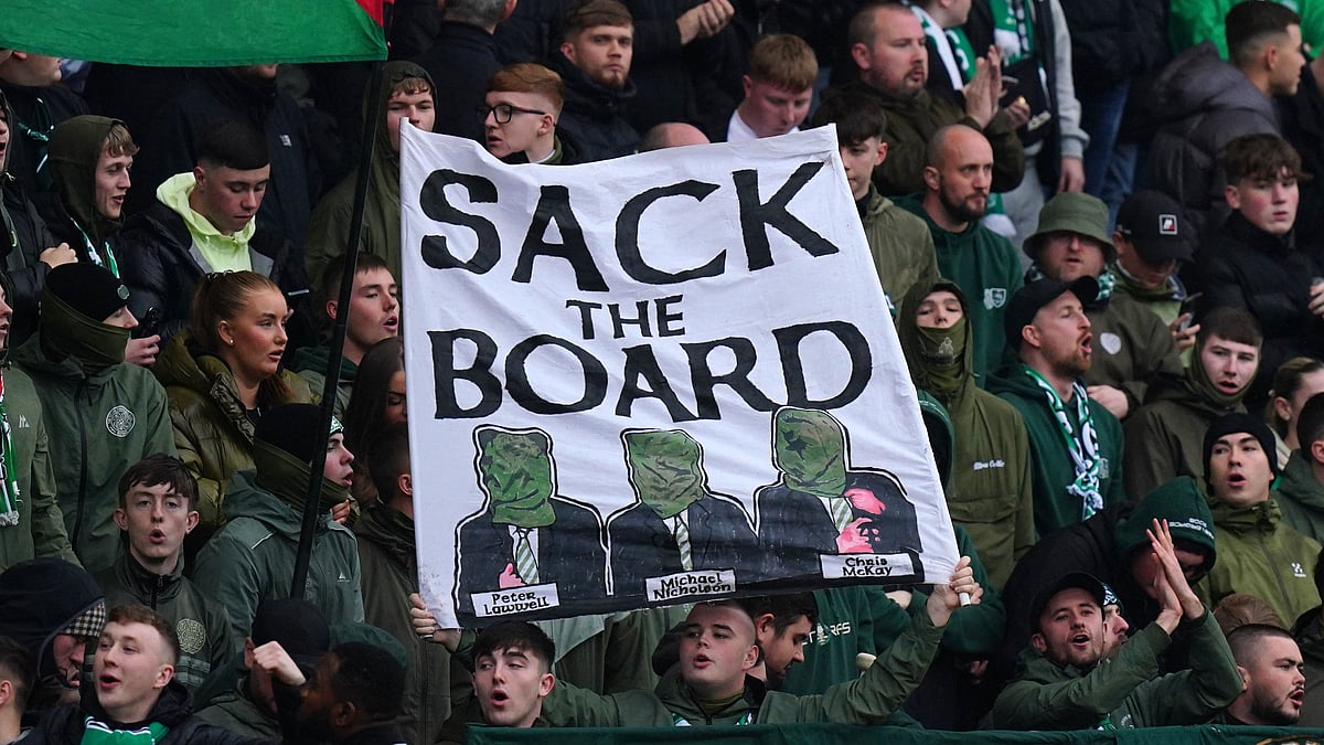 | Photo: PA/Jane Barlow via AP : Celtic fans in the stands hold up a Sack The Board banner ahead of the William Hill Premiership soccer match against Dundee at Dens Park, Sunday Oct. 19, 2025. 