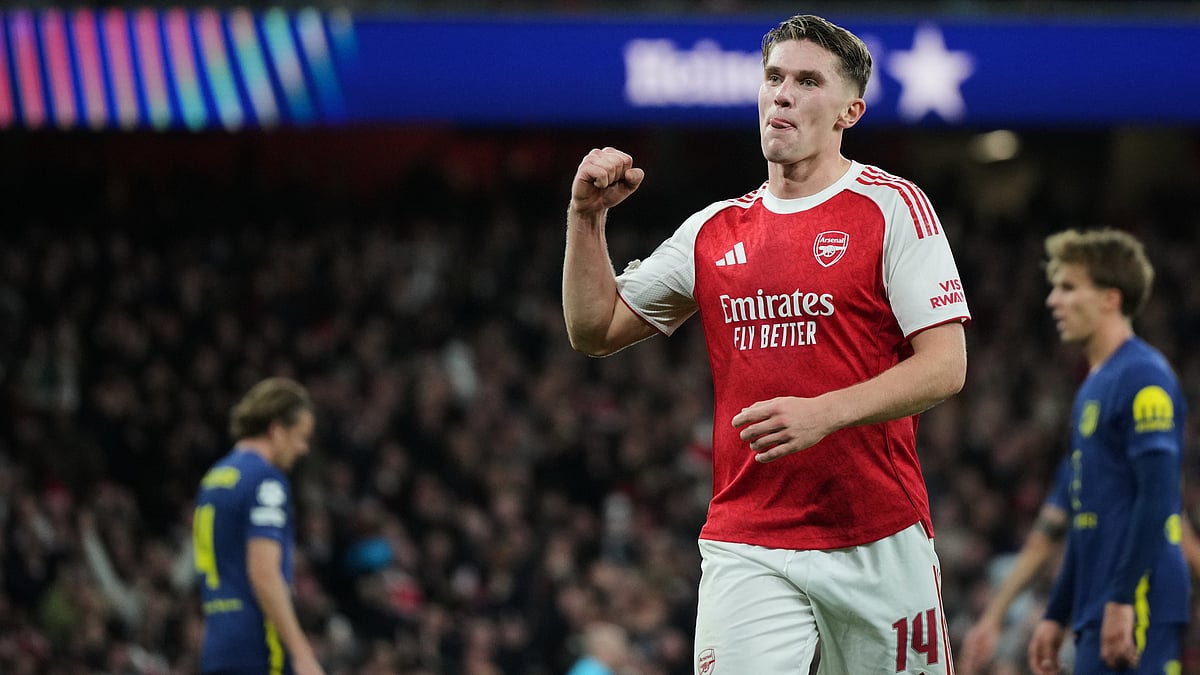 AP/Alastair Grant : Viktor Gyoekeres celebrates after scoring his side's third goal during the Champions League opening phase soccer match between Arsenal and Atletico Madrid.