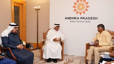 Chief Minister N. Chandrababu meeting with Sharaf Group vice-chairman Sharafuddin Sharaf in Dubai on October 22, 2025