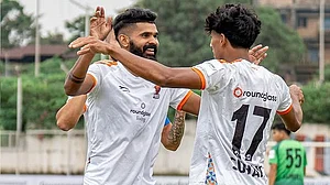 | Photo: Instagram/rgpunjabfc : Punjab FC's Princeton Rebello and Muhammad Uvais celebrate their sides goal in the AIFF Super Cup 2025 match against Gokulam Kerala at the GMC Stadium, Bambolim, on October 27, 2025.
