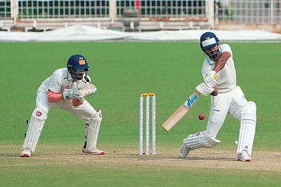 | Photo: PTI/Swapan Mahapatra : Bengals Akash Deep plays a shot during the fourth day of the Ranji Trophy 2025-26 cricket match between Bengal and Gujarat, at Eden Gardens, in Kolkata.